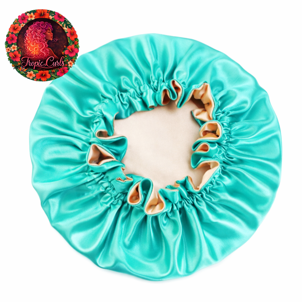 Bonnet Satin Turquoise et Rose Coquillage